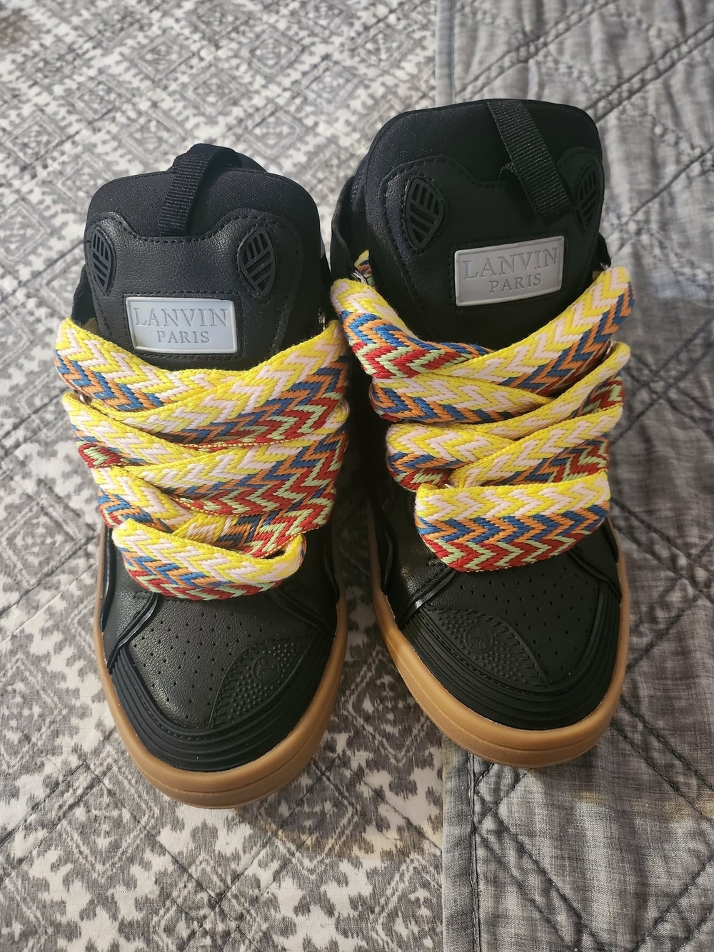 Lanvin Kids Black Leather High-Top Sneakers with Yellow Multi-Color Laces
